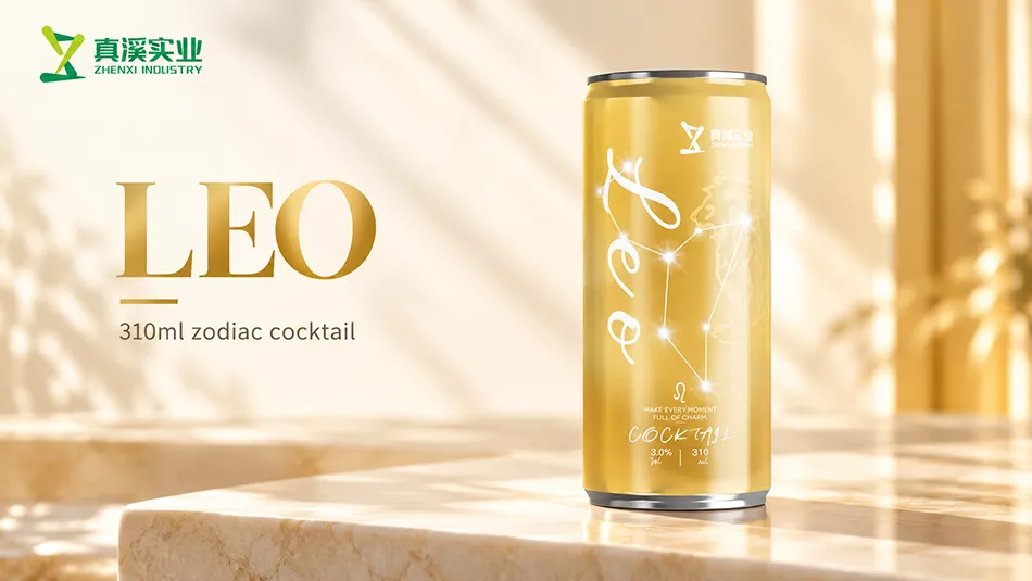 ZhenXi 310ml Leo zodiac cocktail can with gold-coloured artwork on a warm gold studio display