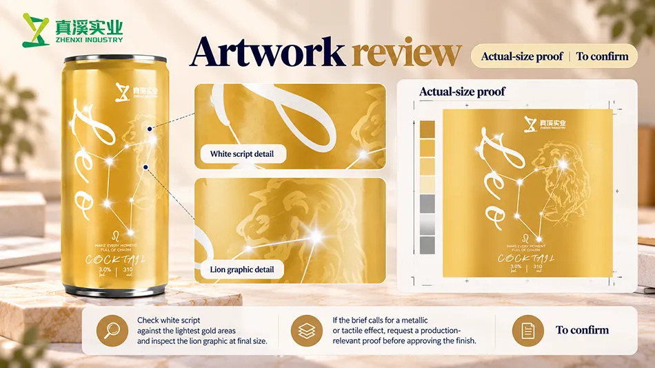 Leo artwork review showing white script, lion graphic details and an actual-size print proof for approval