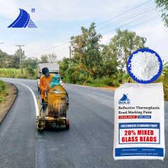 White Thermoplastic Road Marking Paint with 20% Mixed Glass Beads – Ensures high visibility, UV resistance, and long-lasting performance for traffic safety.