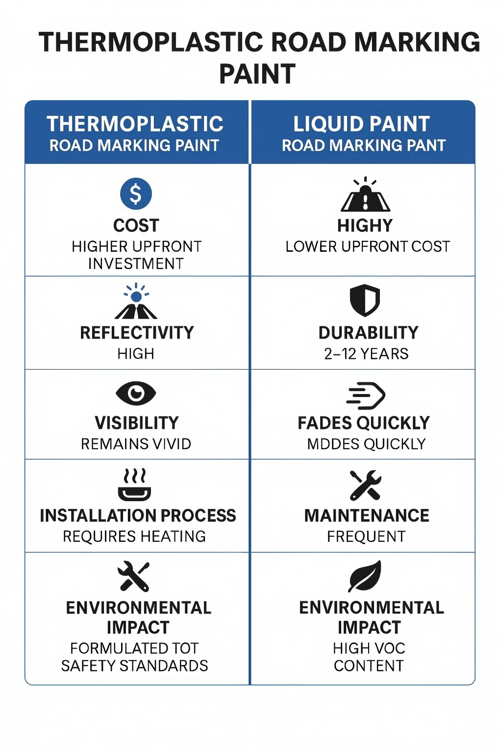 Gráfico comparativo de pintura termoplástica para marcado vial y pinturas líquidas de aplicación en frío que muestra las diferencias de costo, durabilidad y reflectividad