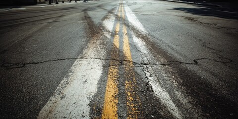 Close-up of cracked and faded road markings on a highway in the DRC
