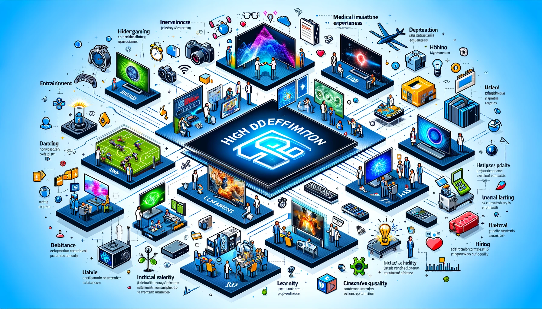 Impact of High Definition LCD Technology Across Industries: An infographic that visually represents how HD LCD technology has transformed industries like entertainment, gaming, healthcare, and education, showcasing the wide-reaching benefits of these advancements.