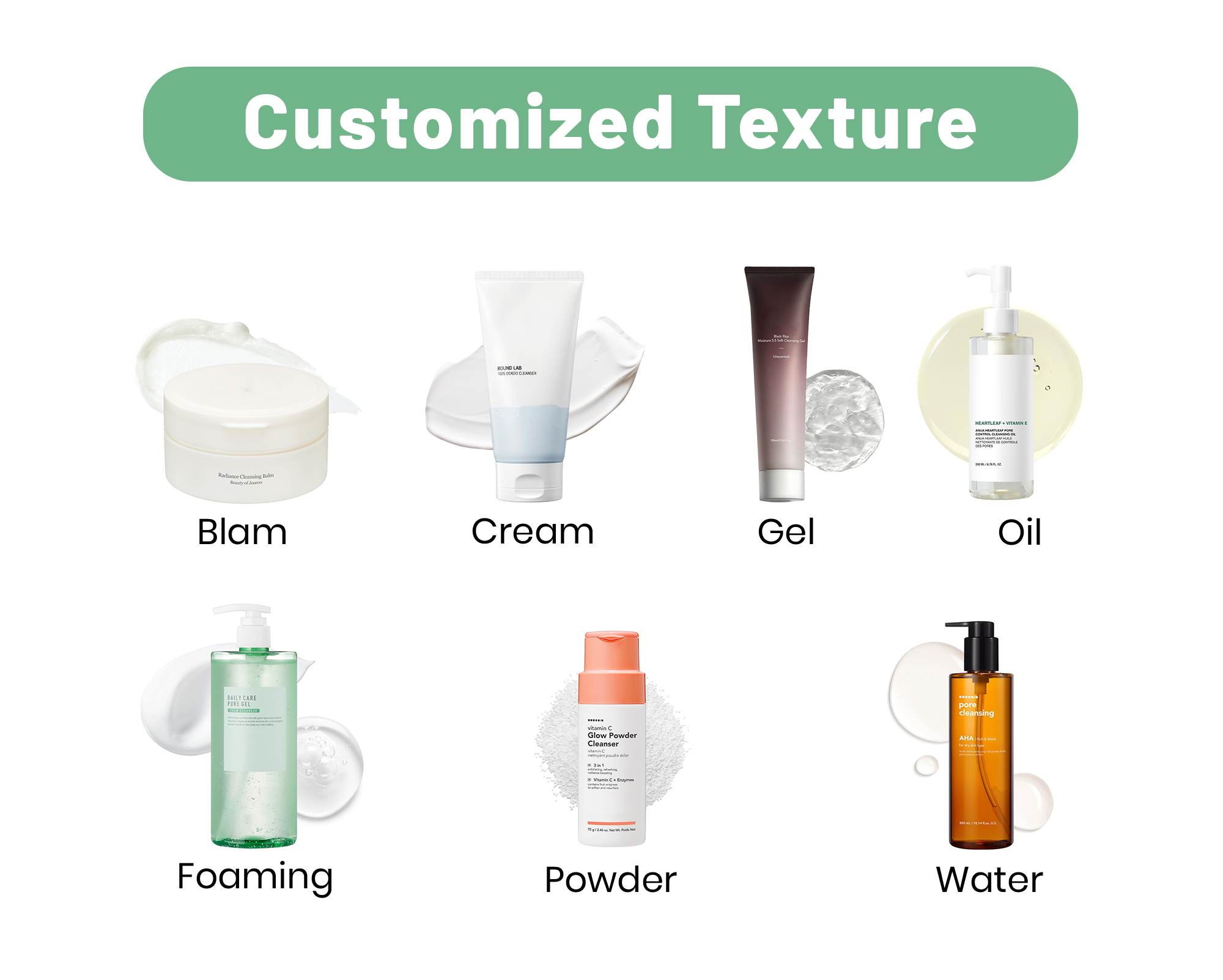 At SHIRUONI, we specialize in OEM & private label cleanser products, offering a complete customization service for various cleanser types, including: Facial cleansers (cream-based, gel, foam) Cleansing oils Cleansing foams & gels Enzyme cleansing powders Makeup remover pads & balms We support full customization of skincare efficacy (hydrating, brightening, anti-acne, exfoliating, soothing, etc.), texture and format, key ingredients (Amino Acids, Hyaluronic Acid, BHA, botanical extracts), and fragrance options. You can also tailor packaging types (pump bottles, tubes, sachets, jars) and add your custom logo and design to suit your brand image. We support small to large batch orders, ensuring flexibility and high quality for your market needs.