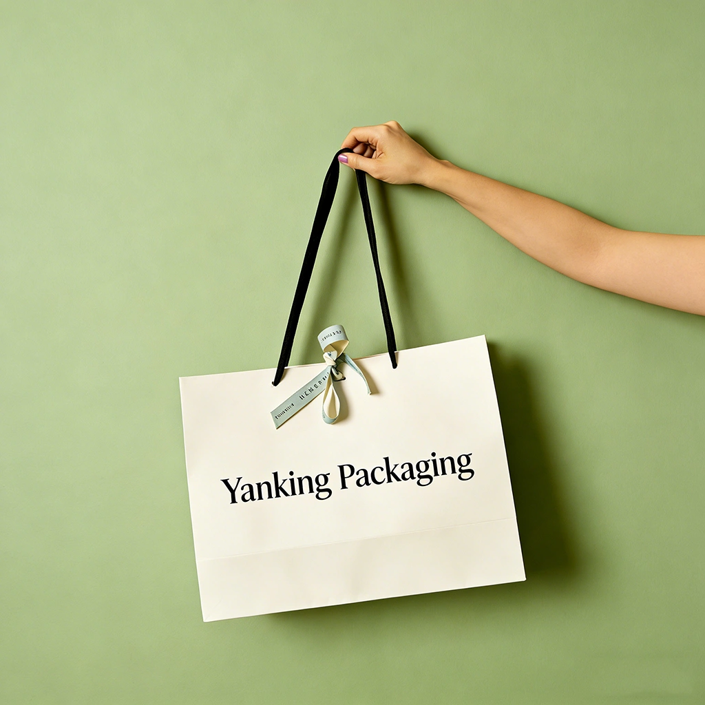 Custom luxury art paper shopping bag with ribbon handle for cosmetics and clothing retail packaging