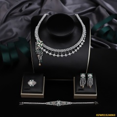 925 Sterling Silver Floral Green Cubic Zirconia Fringe Tassel 4 Piece Bridal Jewelry Set Necklace Bracelet Earrings Ring Wedding Banquet