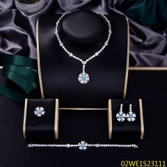 925 Sterling Silver Turquoise‑Center Flower CZ Y‑Drop 4‑Piece Jewelry Set Necklace Bracelet Earrings Ring | Blossom CS Jewelry