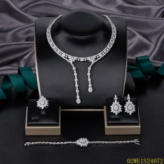 925 Sterling Silver Sunburst Cubic Zirconia Y Drop 4 Piece Evening Jewelry Set Necklace Bracelet Earrings Ring for Formal Occasions