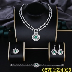 925 Sterling Silver Double Layer Sunburst Green CZ 4‑Piece Jewelry Set Necklace Bracelet Earrings Ring | Blossom CS Jewelry