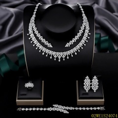 925 Sterling Silver Double Layer Teardrop Cubic Zirconia Fringe 4 Piece Bridal Jewelry Set Necklace Bracelet Earrings Ring