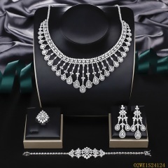 925 Sterling Silver Teardrop Petal CZ Bib Collar 4 Piece Bridal Jewelry Set Necklace Bracelet Earrings Ring