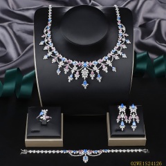 925 Sterling Silver Pink Blue Floral CZ Bib Collar 4 Piece Bridal Jewelry Set Necklace Bracelet Earrings Ring
