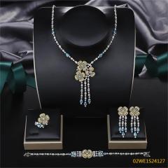 925 Sterling Silver Gold Tone Rose Blue CZ Tassel Y-Drop 4 Piece Bridal Jewelry Set Necklace Bracelet Earrings Ring