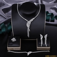925 Sterling Silver Pear CZ Tassel Y-Drop 4 Piece Bridal Jewelry Set Necklace Bracelet Earrings Ring