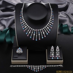 925 Sterling Silver Multi Color CZ Tassel Fringe Collar 4 Piece Bridal Jewelry Set Necklace Bracelet Earrings Ring