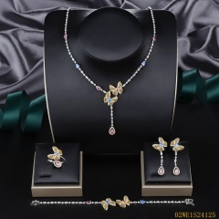 925 Sterling Silver Gold Tone Butterfly CZ Y-Drop 4 Piece Bridal Jewelry Set Necklace Bracelet Earrings Ring