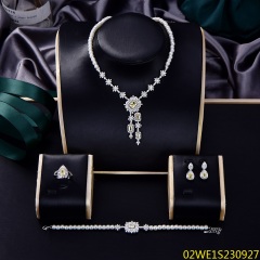 Blossom CS Jewelry 925 Sterling Silver Pearl Yellow CZ Floral Drop 4 Piece Women Bridal Jewelry Set