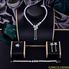 Blossom CS Jewelry 925 Sterling Silver Pearl Floral Tassel 4 Piece Women Bridal Jewelry Set