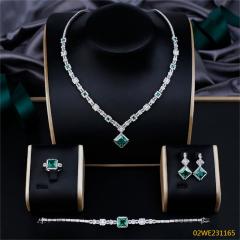 Blossom CS Jewelry 925 Sterling Silver Women Jewelry Set Square Green Cubic Zirconia Necklace Earrings Ring Bracelet for Wedding Party