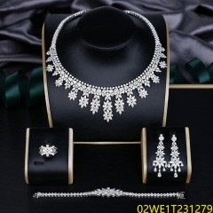 Blossom CS Jewelry 925 Silver All White Cubic Zirconia Floral Collar Bridal 4Pcs Jewelry Set