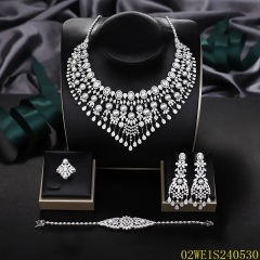Blossom CS Jewelry 925 Silver White Cubic Zirconia Pearl V Bib Bridal 4Pcs Jewelry Set