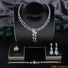 Blossom CS Jewelry 925 Silver Emerald Green & White Cubic Zirconia Double Chain Floral Drop Bridal 4Pcs Jewelry Set