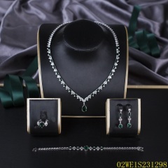 Blossom CS Jewelry 925 Silver Green & White Cubic Zirconia V-Shape Teardrop Pendant Bridal 4Pcs Jewelry Set