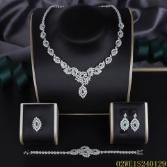 Blossom CS Jewelry 925 Silver Emerald Green & White Cubic Zirconia Floral Teardrop Pendant Bridal 4Pcs Jewelry Set