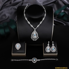 Blossom CS Jewelry 925 Silver Blue Cubic Zirconia Teardrop Tassel Bridal 4Pcs Jewelry Set