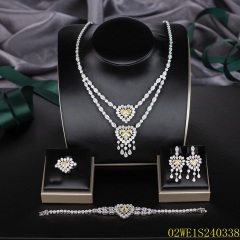 Blossom CS Jewelry 925 Silver Yellow & White Cubic Zirconia Double Layer Heart Tassel Bridal 4Pcs Jewelry Set