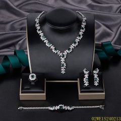 Blossom CS Jewelry 925 Silver Emerald Green & White Cubic Zirconia Rectangular Y Drop Bridal 4Pcs Jewelry Set