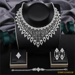 Blossom CS Jewelry 925 Silver White Cubic Zirconia Pearl Fringe Bib Bridal 4Pcs Jewelry Set