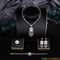 Blossom CS Jewelry 925 Silver White Cubic Zirconia Rectangular Pendant Tassel Bridal 4Pcs Jewelry Set