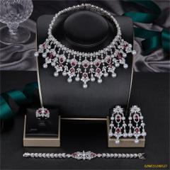 Blossom CS Jewelry 925 Silver Red Cubic Zirconia Pearl Bib Bridal 4Pcs Jewelry Set