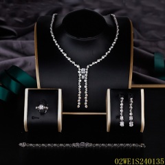 Blossom CS Jewelry 925 Silver White Cubic Zirconia Y Drop Multi Strand Tassel Bridal 4Pcs Jewelry Set