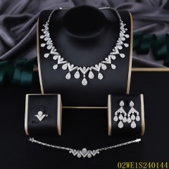 Blossom CS Jewelry 925 Silver White Cubic Zirconia V Collar Teardrop Fringe Bridal 4Pcs Jewelry Set
