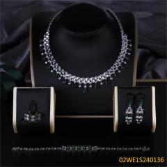 Blossom CS Jewelry 925 Silver Emerald Green & White Cubic Zirconia Teardrop Fringe Collar Bridal Jewelry Set