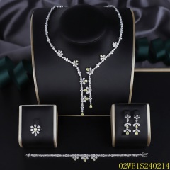 Blossom CS Jewelry 925 Silver Yellow & White Cubic Zirconia Multi-strand Floral Lariat Bridal 4Pcs Jewelry Set