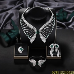 Blossom CS Jewelry 925 Silver Green Cubic Zirconia Wing Collar Bridal 4Pcs Jewelry Set