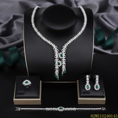 Blossom CS Jewelry 925 Silver Emerald Green & White Cubic Zirconia Double Tassel Y Drop Bridal 4Pcs Jewelry Set