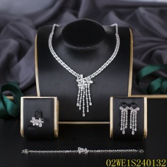 Blossom CS Jewelry 925 Silver White Cubic Zirconia Multi Tassel Fringe Drop Bridal 4Pcs Jewelry Set