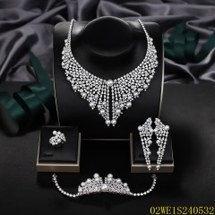 Blossom CS Jewelry 925 Silver White Cubic Zirconia Pearl Wing V Bib Bridal 4Pcs Jewelry Set