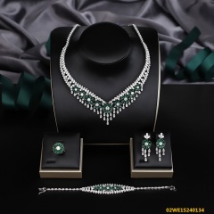 Blossom CS Jewelry 925 Silver Emerald Green & White Cubic Zirconia V Shape Floral Tassel Bridal 4Pcs Jewelry Set