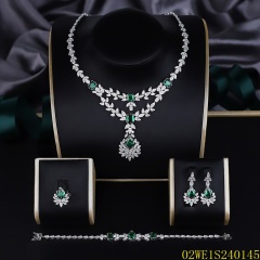 Blossom CS Jewelry 925 Silver Emerald Green & White Cubic Zirconia Layered V Drop Bridal 4Pcs Jewelry Set