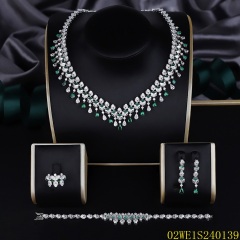 Blossom CS Jewelry 925 Silver Emerald Green & White Cubic Zirconia V Collar Fringe Bridal 4Pcs Jewelry Set