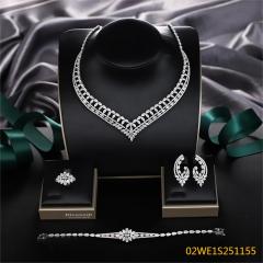 Blossom CS Jewelry 925 Silver Hollow V Shape Floral Cubic Zirconia 4Pcs Bridal Jewelry Set