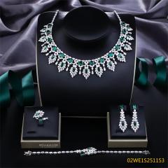 Blossom CS Jewelry 925 Silver Emerald Green Cubic Zirconia Floral Fringe 4Pcs Bridal Jewelry Set