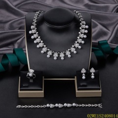 Blossom CS Jewelry 925 Sterling Silver 4Pcs Triangle CZ Pearl Bridal Jewelry Set Wholesale