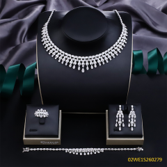Blossom CS Jewelry 925 Silver Marquise & Teardrop Cubic Zirconia Fringe Collar 4Pcs Bridal Jewelry Set Wholesale