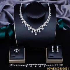 Blossom CS Jewelry 925 Sterling Silver Pearl & CZ V Drop Bridal 4Pcs Jewelry Set
