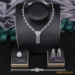 Blossom CS Jewelry 925 Sterling Silver Pink & Blue CZ Floral Fringe Y-Drop Bridal 4Pcs Set